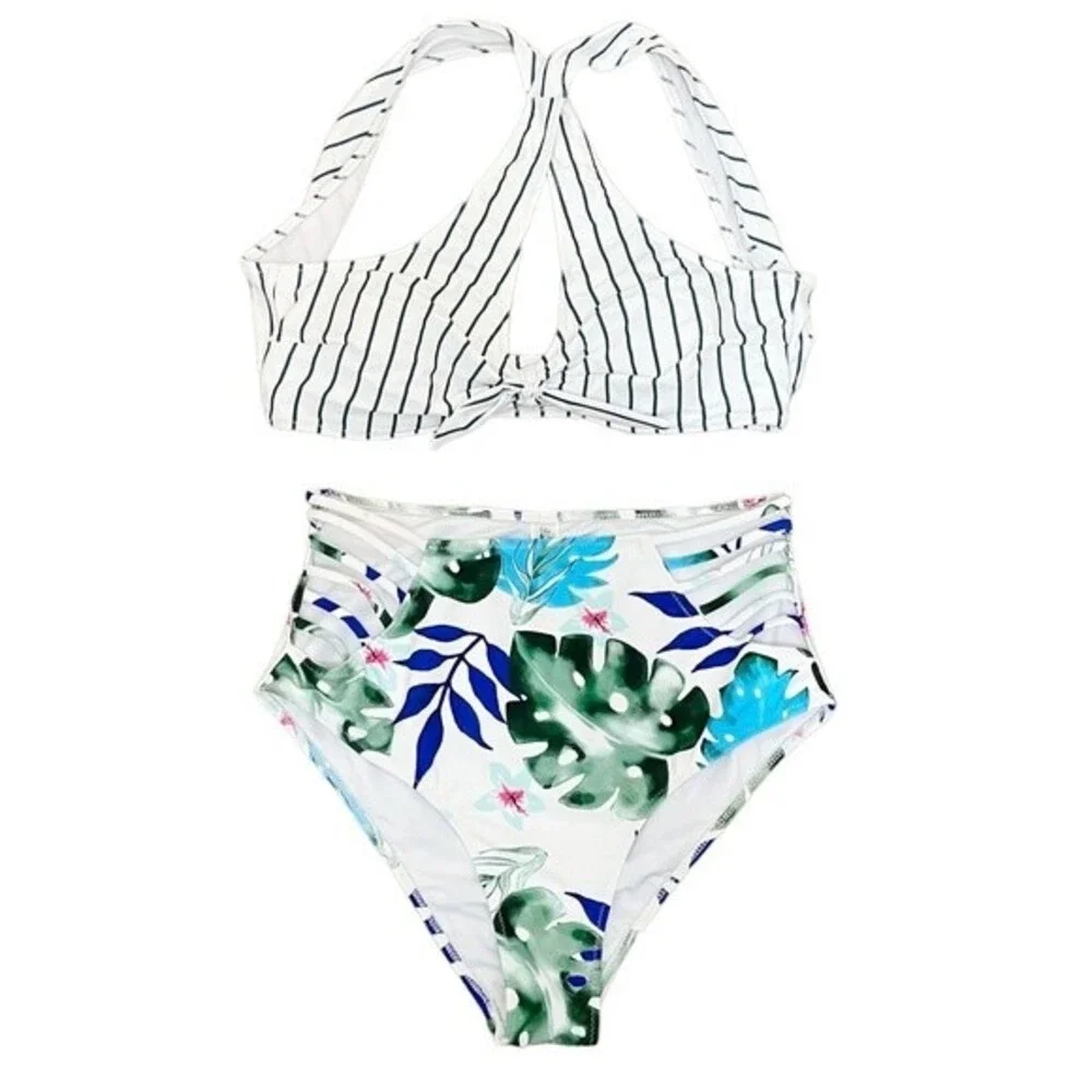 NWT Cupshe Two Piece Swimsuit Tropical Floral Cutout Brief Stripe Halter Top XL